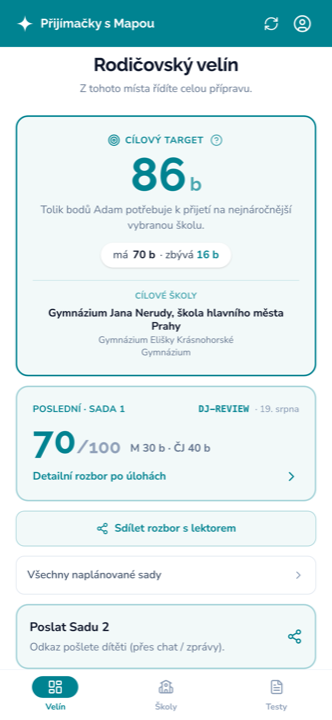 Rodičovský velín — cílový počet bodů a poslední výsledek dítěte